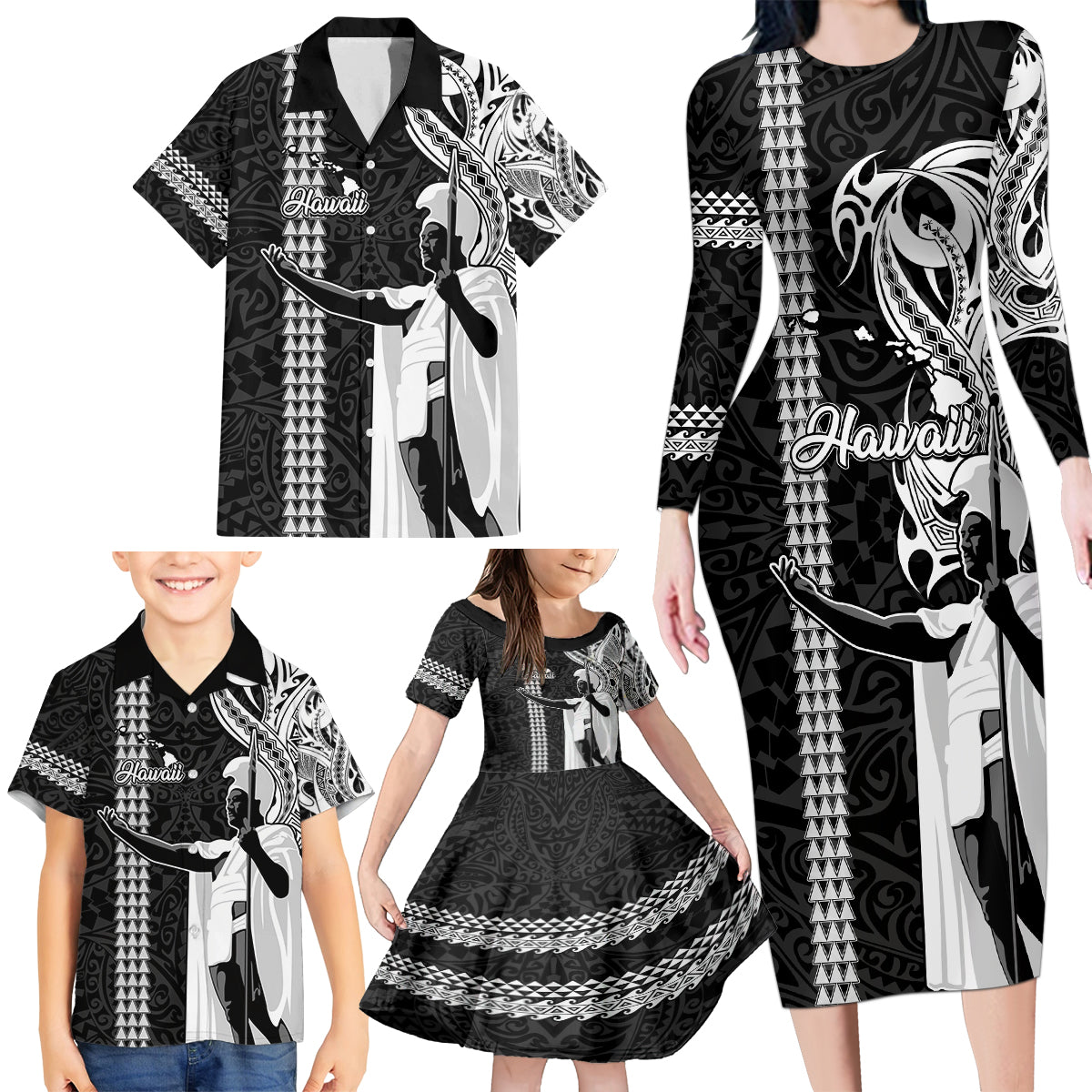 Hawaii Island Family Matching Long Sleeve Bodycon Dress and Hawaiian Shirt Hawaiian King and Kakau Symbols Abstract Shoulder Tattoo LT03 - Polynesian Pride