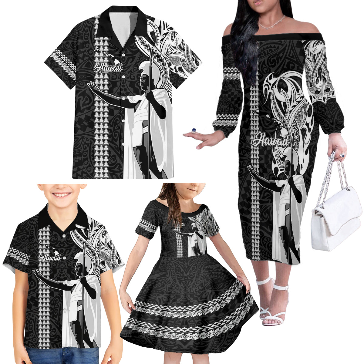 Hawaii Island Family Matching Off Shoulder Long Sleeve Dress and Hawaiian Shirt Hawaiian King and Kakau Symbols Abstract Shoulder Tattoo LT03 - Polynesian Pride