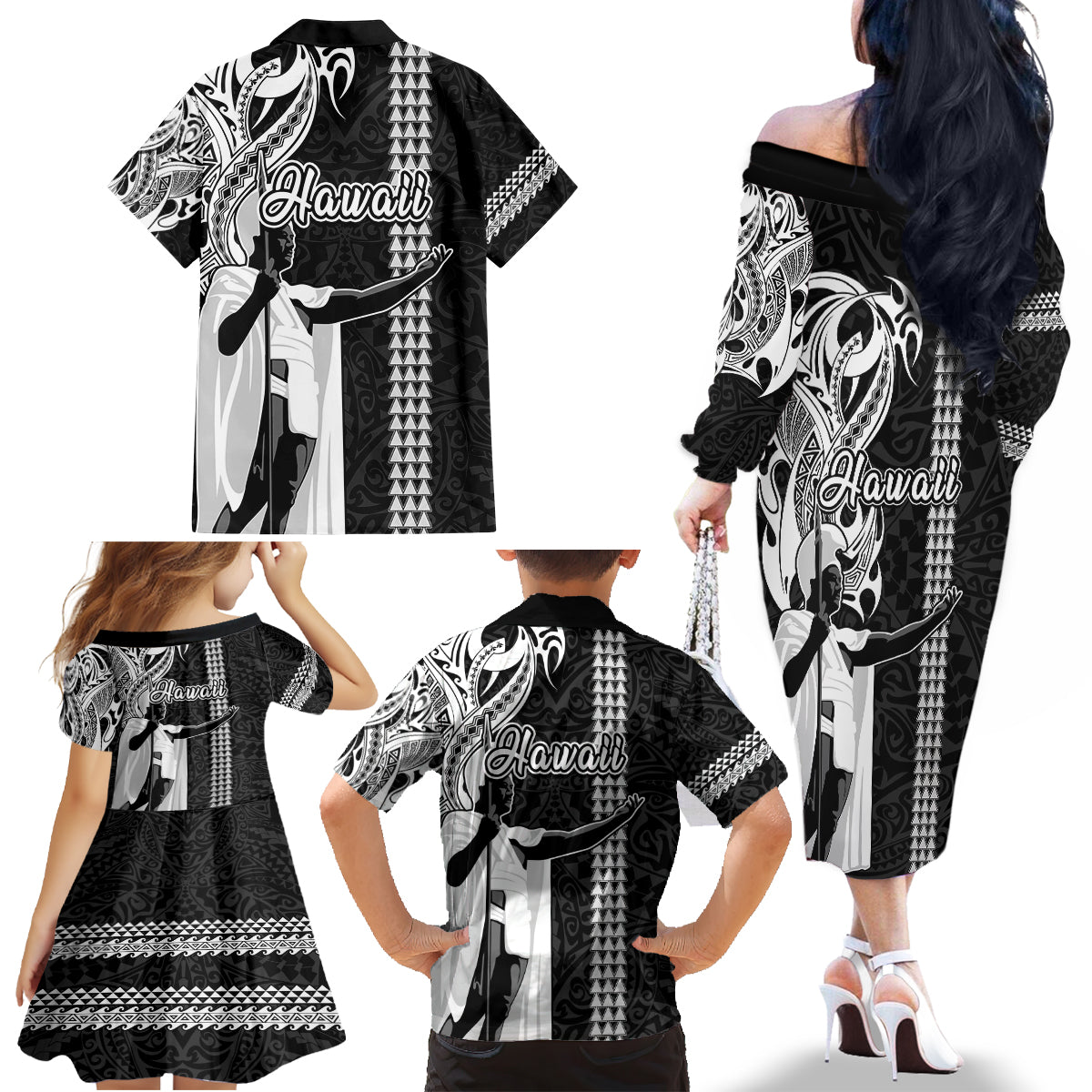 Hawaii Island Family Matching Off Shoulder Long Sleeve Dress and Hawaiian Shirt Hawaiian King and Kakau Symbols Abstract Shoulder Tattoo LT03 - Polynesian Pride