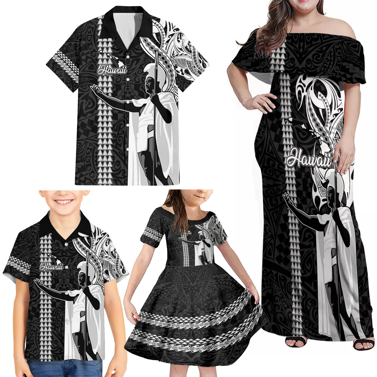 Hawaii Island Family Matching Off Shoulder Maxi Dress and Hawaiian Shirt Hawaiian King and Kakau Symbols Abstract Shoulder Tattoo LT03 - Polynesian Pride