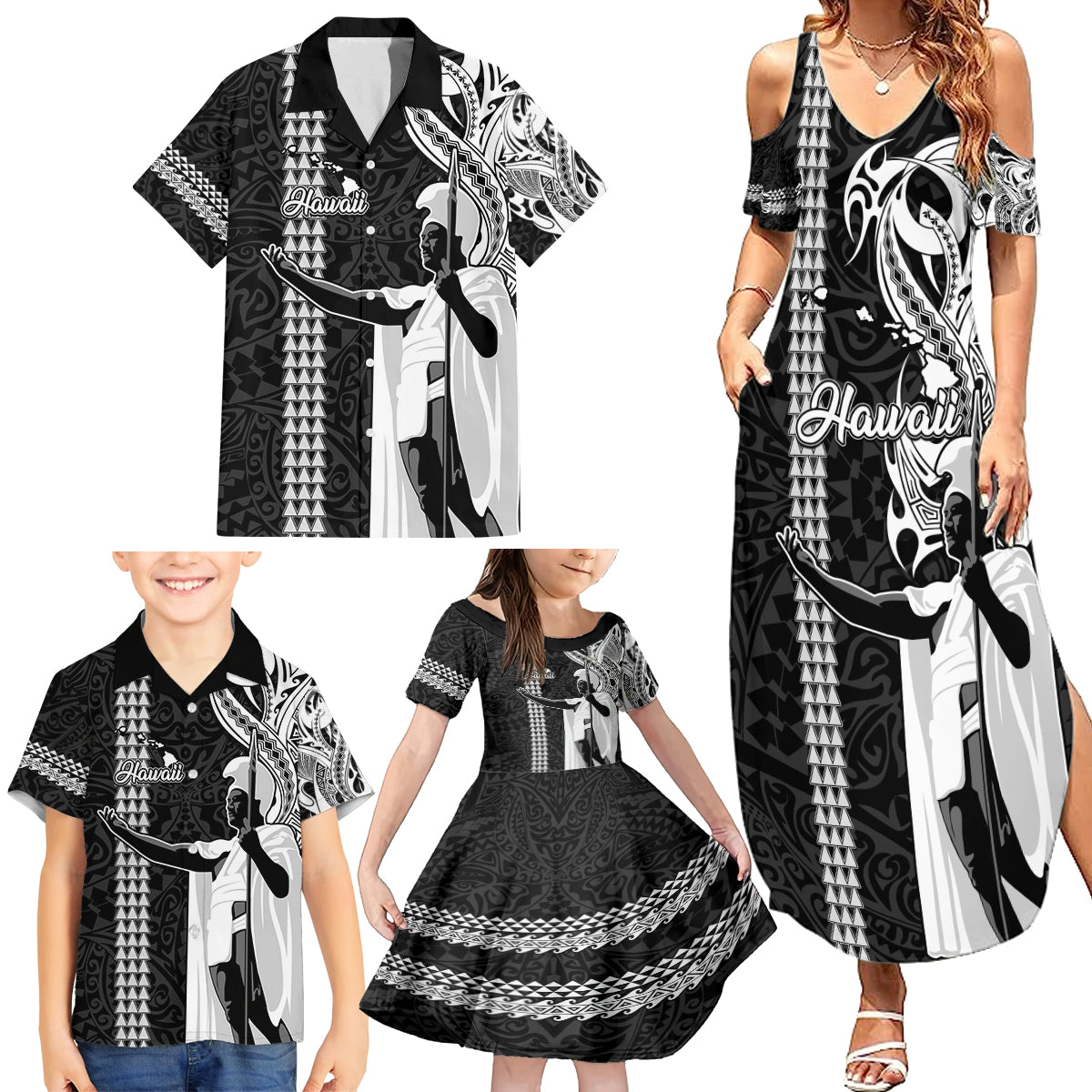 Hawaii Island Family Matching Summer Maxi Dress and Hawaiian Shirt Hawaiian King and Kakau Symbols Abstract Shoulder Tattoo LT03 - Polynesian Pride