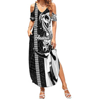 Hawaii Island Family Matching Summer Maxi Dress and Hawaiian Shirt Hawaiian King and Kakau Symbols Abstract Shoulder Tattoo LT03 Mom's Dress Black - Polynesian Pride