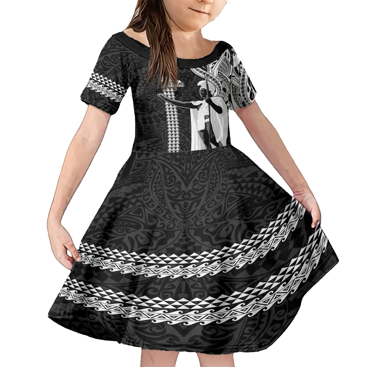 Hawaii Island Kid Short Sleeve Dress Hawaiian King and Kakau Symbols Abstract Shoulder Tattoo LT03 KID Black - Polynesian Pride