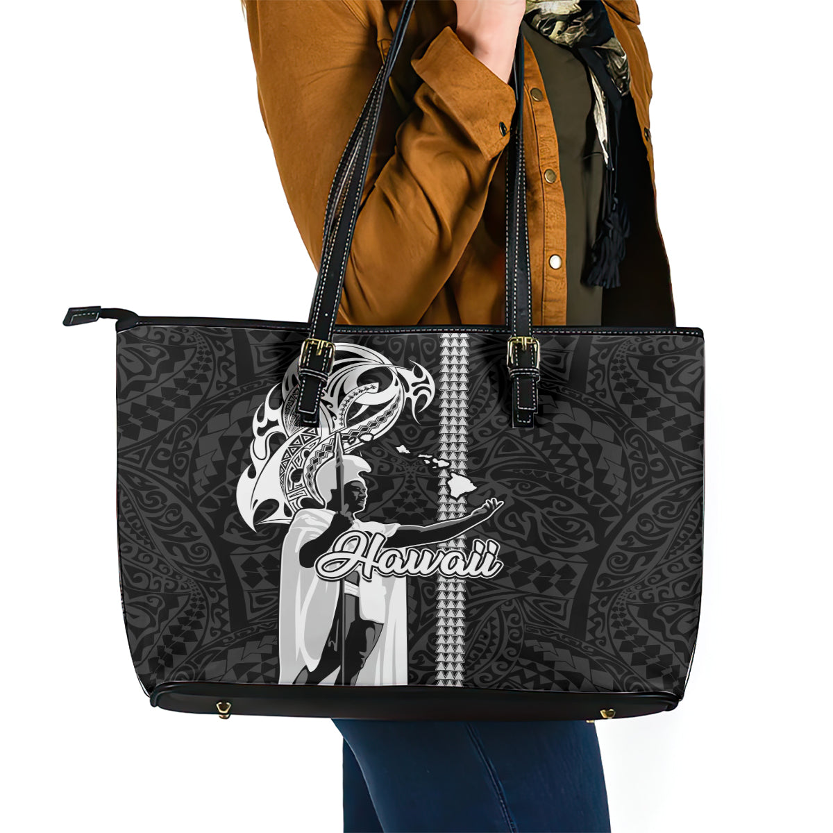Hawaii Island Leather Tote Bag Hawaiian King and Kakau Symbols Abstract Shoulder Tattoo LT03 - Polynesian Pride