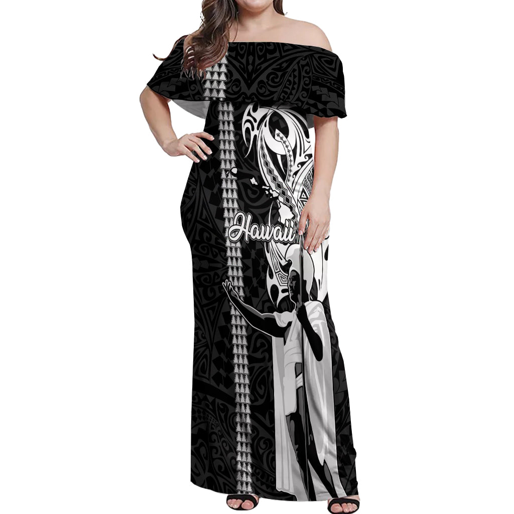 Hawaii Island Off Shoulder Maxi Dress Hawaiian King and Kakau Symbols Abstract Shoulder Tattoo LT03 Women Black - Polynesian Pride