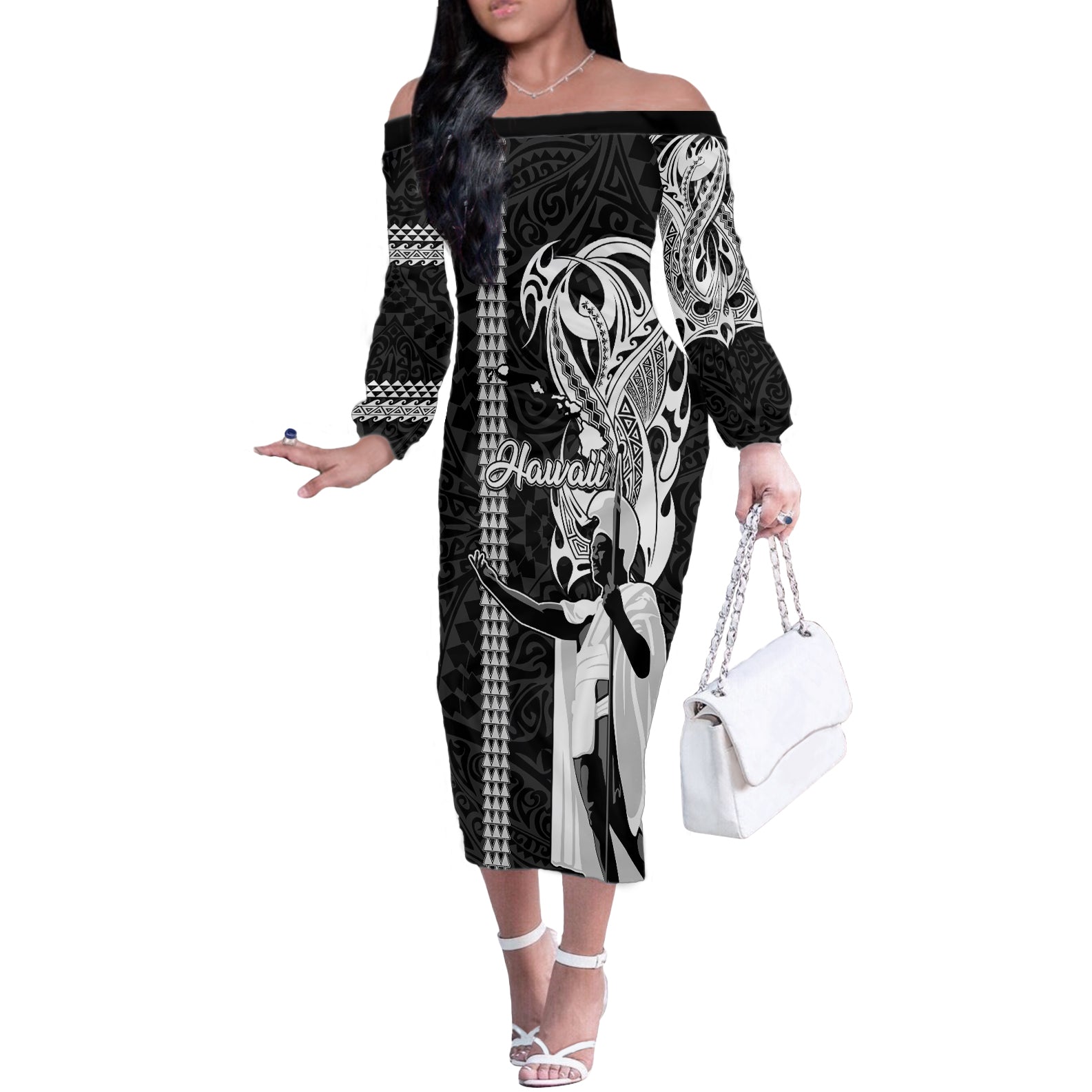 Hawaii Island Off The Shoulder Long Sleeve Dress Hawaiian King and Kakau Symbols Abstract Shoulder Tattoo LT03 Women Black - Polynesian Pride