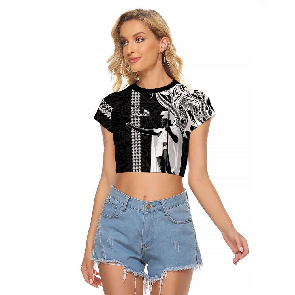 Hawaii Island Raglan Cropped T Shirt Hawaiian King and Kakau Symbols Abstract Shoulder Tattoo LT03 Female Black - Polynesian Pride