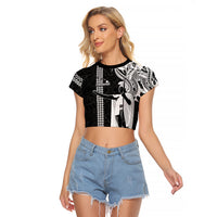 Hawaii Island Raglan Cropped T Shirt Hawaiian King and Kakau Symbols Abstract Shoulder Tattoo LT03 Female Black - Polynesian Pride