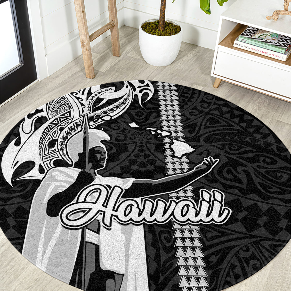 Hawaii Island Round Carpet Hawaiian King and Kakau Symbols Abstract Shoulder Tattoo LT03 Black - Polynesian Pride