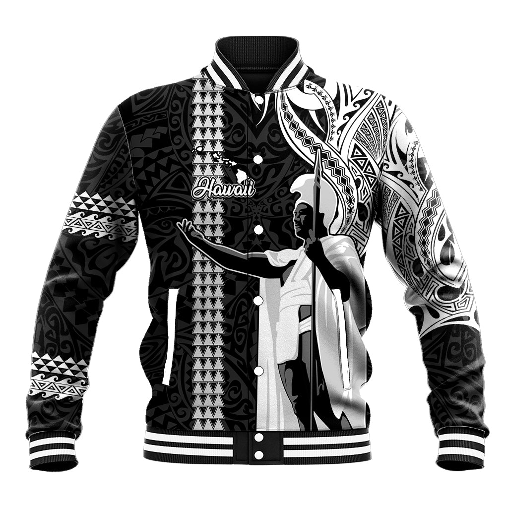 Custom Hawaii Island Baseball Jacket Hawaiian King and Kakau Symbols Abstract Shoulder Tattoo LT03 Unisex Black - Polynesian Pride