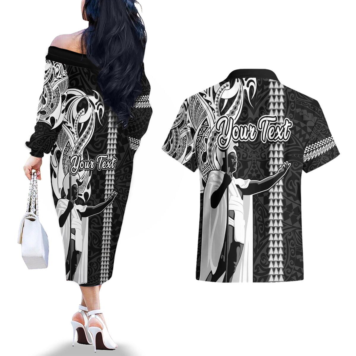 Custom Hawaii Island Couples Matching Off The Shoulder Long Sleeve Dress and Hawaiian Shirt Hawaiian King and Kakau Symbols Abstract Shoulder Tattoo LT03 - Polynesian Pride