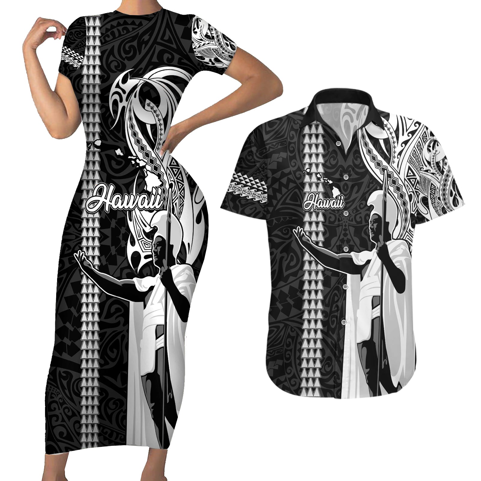 Custom Hawaii Island Couples Matching Short Sleeve Bodycon Dress and Hawaiian Shirt Hawaiian King and Kakau Symbols Abstract Shoulder Tattoo LT03 Black - Polynesian Pride