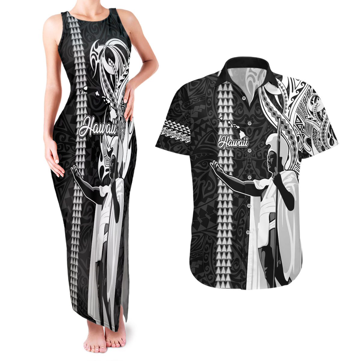 Custom Hawaii Island Couples Matching Tank Maxi Dress and Hawaiian Shirt Hawaiian King and Kakau Symbols Abstract Shoulder Tattoo LT03 Black - Polynesian Pride