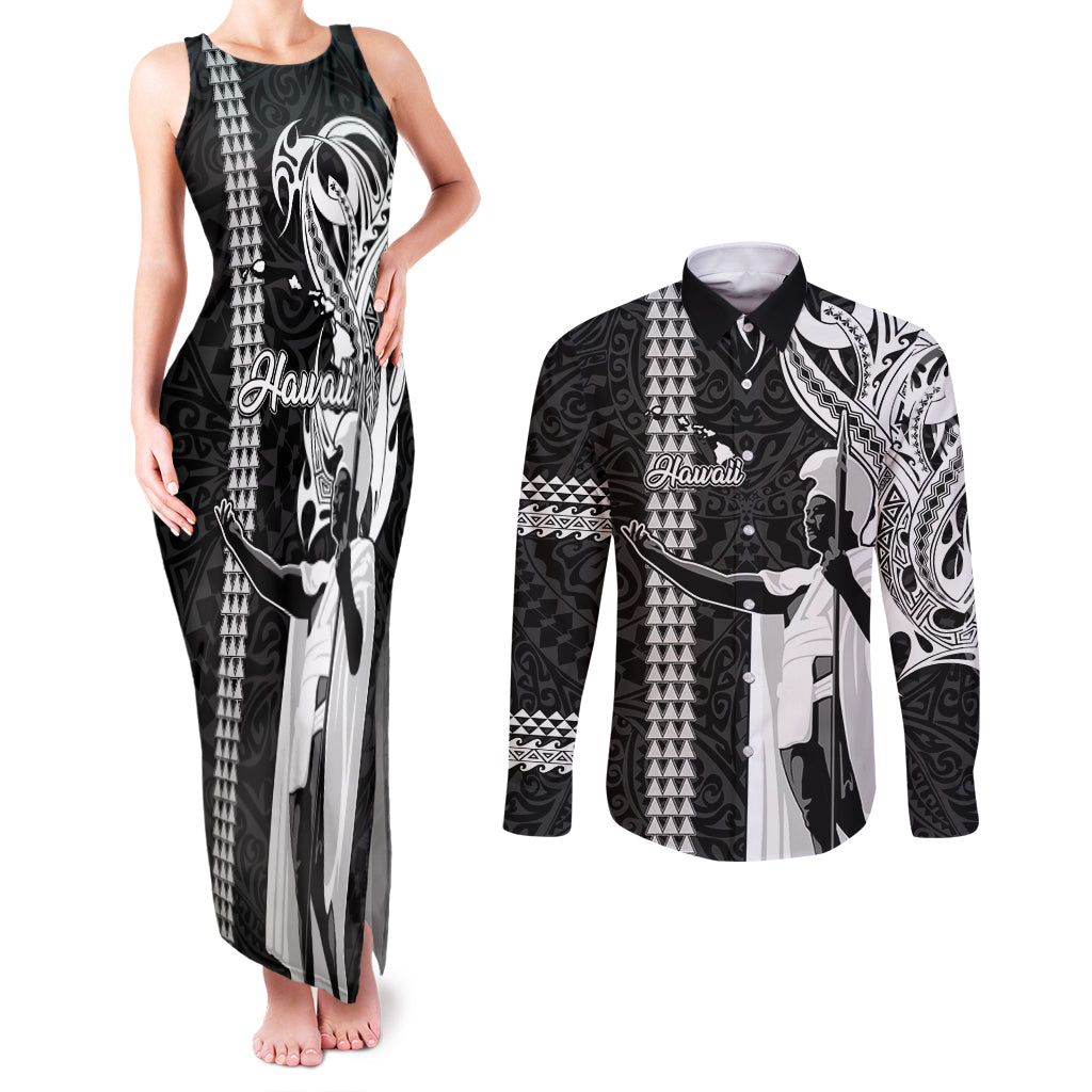 Custom Hawaii Island Couples Matching Tank Maxi Dress and Long Sleeve Button Shirts Hawaiian King and Kakau Symbols Abstract Shoulder Tattoo LT03 Black - Polynesian Pride