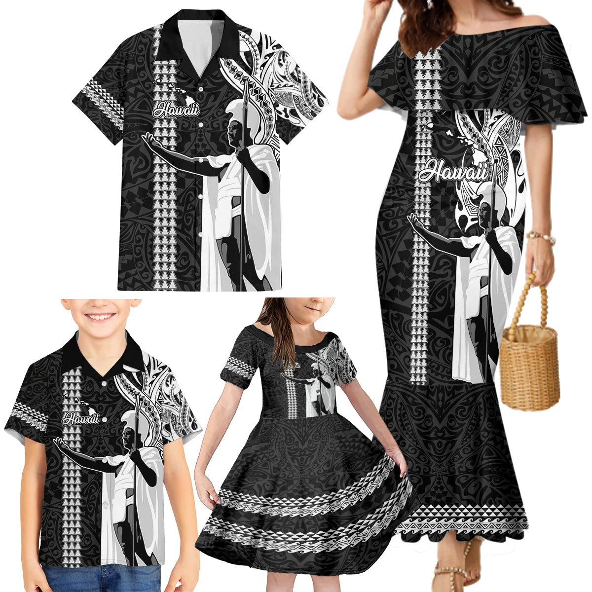 Custom Hawaii Island Family Matching Mermaid Dress and Hawaiian Shirt Hawaiian King and Kakau Symbols Abstract Shoulder Tattoo LT03 - Polynesian Pride