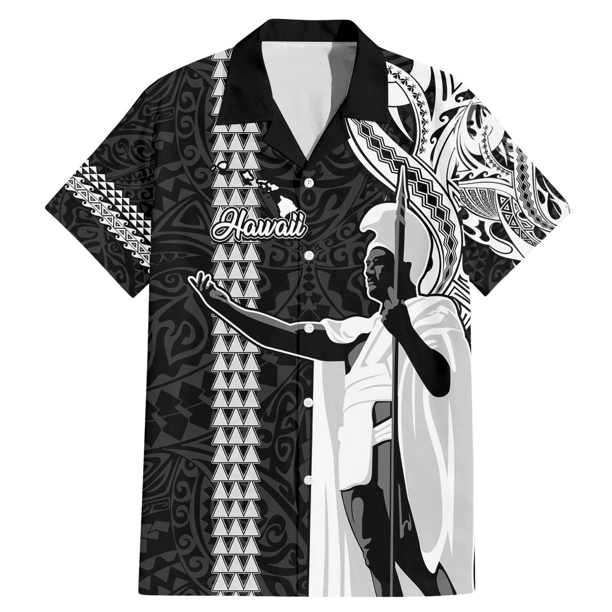 Custom Hawaii Island Family Matching Mermaid Dress and Hawaiian Shirt Hawaiian King and Kakau Symbols Abstract Shoulder Tattoo LT03 Dad's Shirt - Short Sleeve Black - Polynesian Pride
