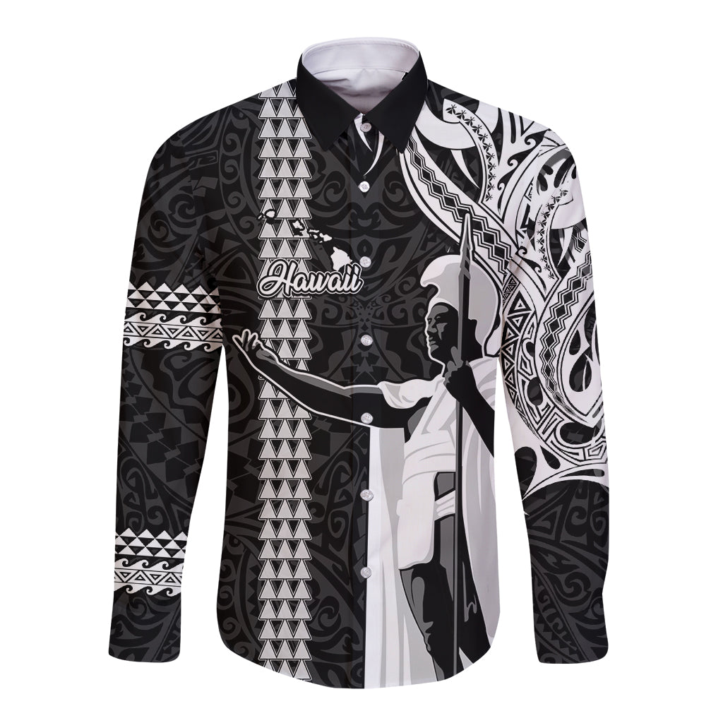 Custom Hawaii Island Long Sleeve Button Shirt Hawaiian King and Kakau Symbols Abstract Shoulder Tattoo LT03 Unisex Black - Polynesian Pride