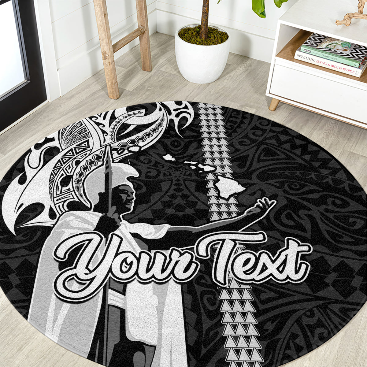 Custom Hawaii Island Round Carpet Hawaiian King and Kakau Symbols Abstract Shoulder Tattoo LT03 Black - Polynesian Pride