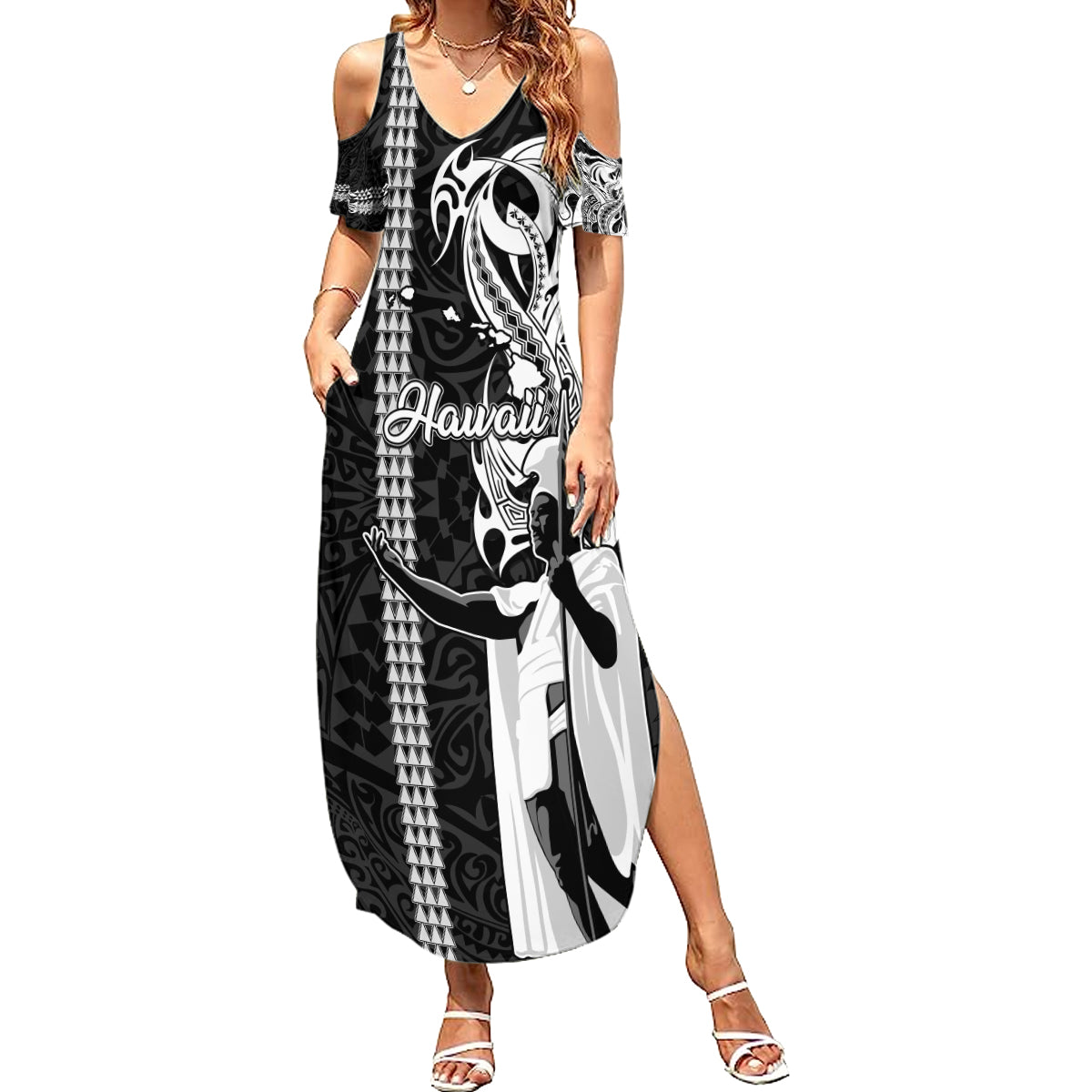 Custom Hawaii Island Summer Maxi Dress Hawaiian King and Kakau Symbols Abstract Shoulder Tattoo LT03 Women Black - Polynesian Pride