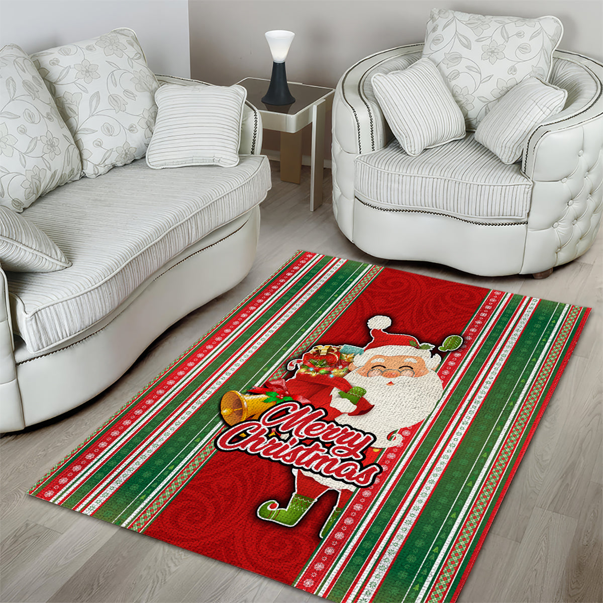 Kiribati Christmas Area Rug Santa With Gift Bag Behind Ribbons Seamless Red Maori LT03 - Polynesian Pride