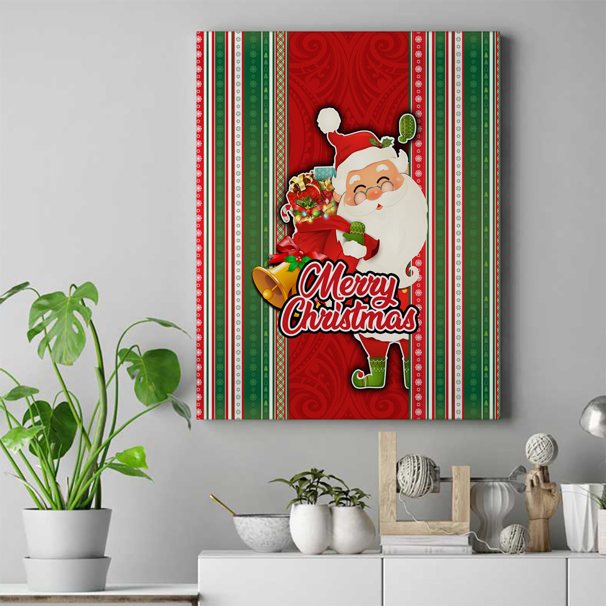 Kiribati Christmas Canvas Wall Art Santa With Gift Bag Behind Ribbons Seamless Red Maori LT03 Red - Polynesian Pride
