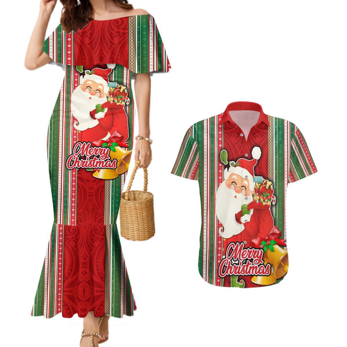 Kiribati Christmas Couples Matching Mermaid Dress and Hawaiian Shirt Santa With Gift Bag Behind Ribbons Seamless Red Maori LT03 Red - Polynesian Pride