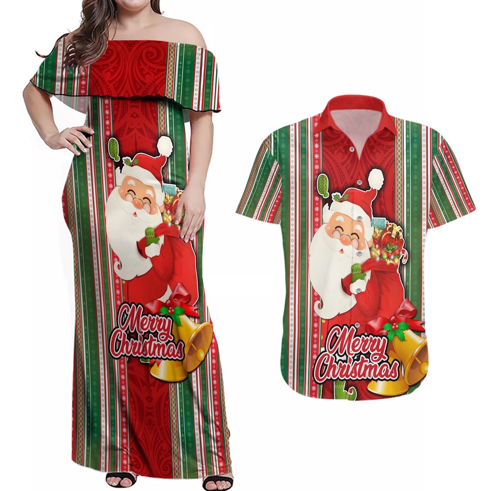 Kiribati Christmas Couples Matching Off Shoulder Maxi Dress and Hawaiian Shirt Santa With Gift Bag Behind Ribbons Seamless Red Maori LT03 Red - Polynesian Pride