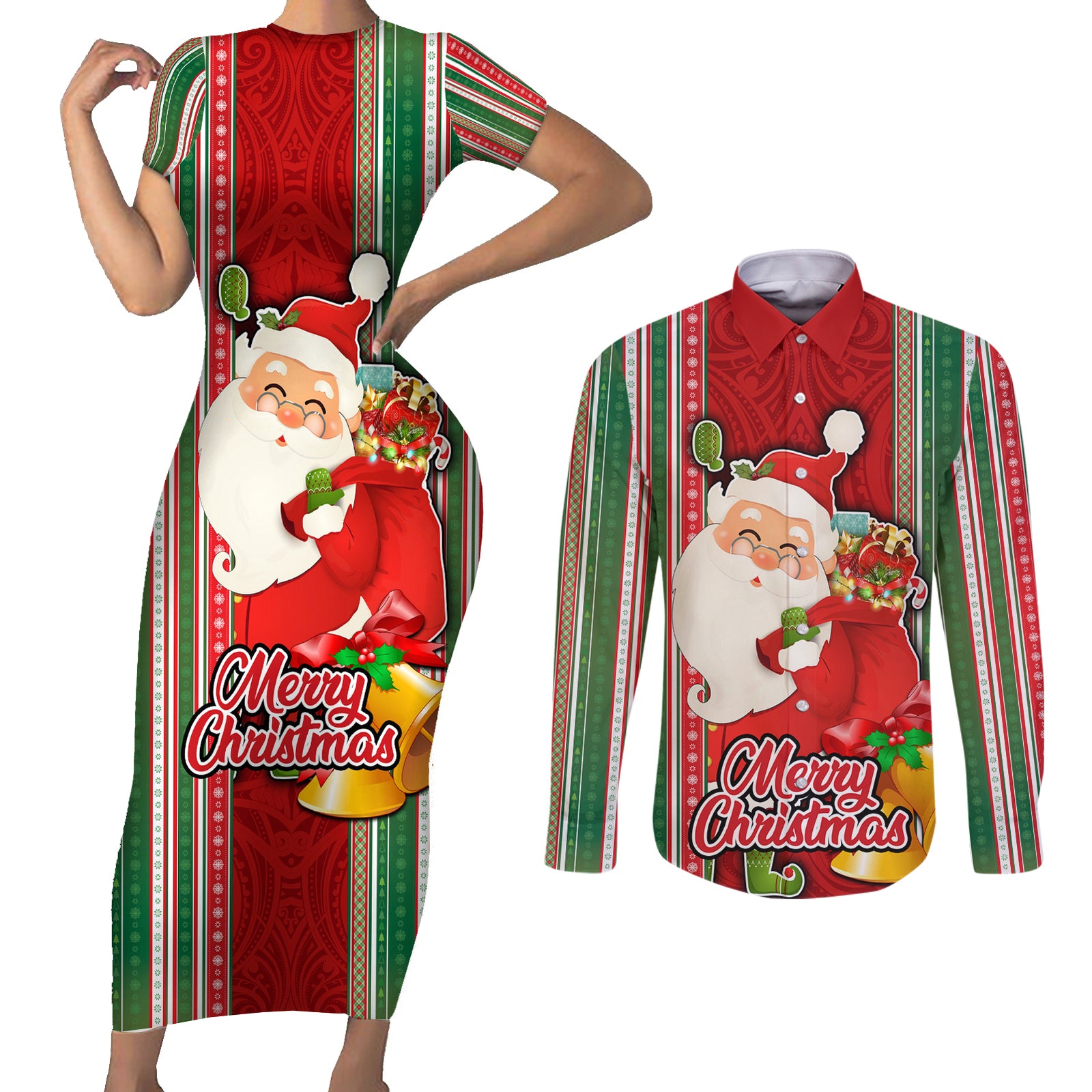 Kiribati Christmas Couples Matching Short Sleeve Bodycon Dress and Long Sleeve Button Shirts Santa With Gift Bag Behind Ribbons Seamless Red Maori LT03 Red - Polynesian Pride
