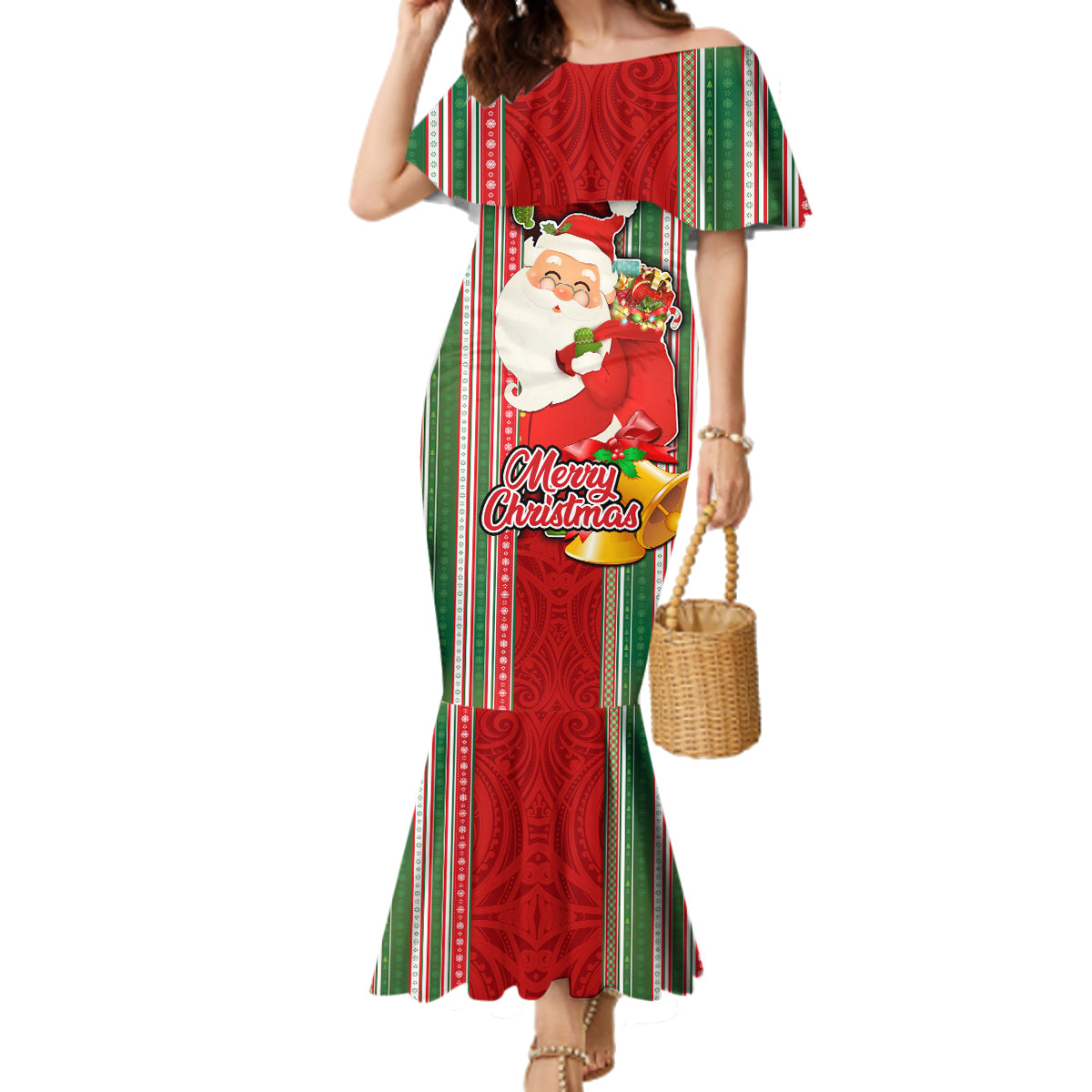 Kiribati Christmas Family Matching Mermaid Dress and Hawaiian Shirt Santa With Gift Bag Behind Ribbons Seamless Red Maori LT03 Mom's Dress Red - Polynesian Pride