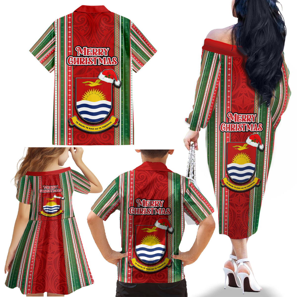 Kiribati Christmas Family Matching Off Shoulder Long Sleeve Dress and Hawaiian Shirt Santa With Gift Bag Behind Ribbons Seamless Red Maori LT03 - Polynesian Pride