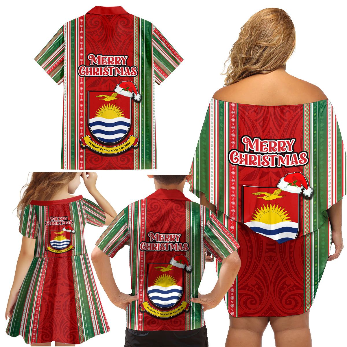 Kiribati Christmas Family Matching Off Shoulder Short Dress and Hawaiian Shirt Santa With Gift Bag Behind Ribbons Seamless Red Maori LT03 - Polynesian Pride