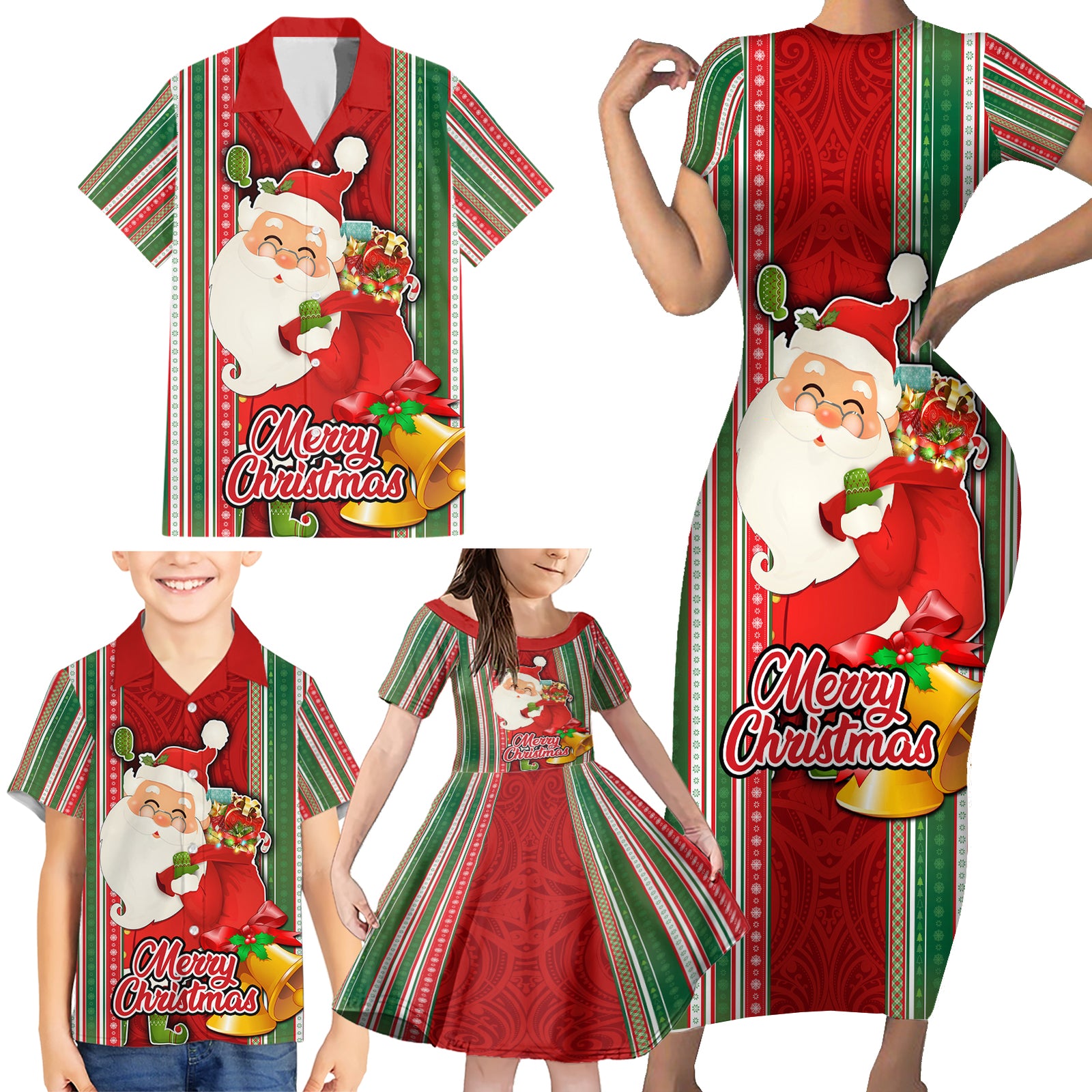Kiribati Christmas Family Matching Short Sleeve Bodycon Dress and Hawaiian Shirt Santa With Gift Bag Behind Ribbons Seamless Red Maori LT03 - Polynesian Pride