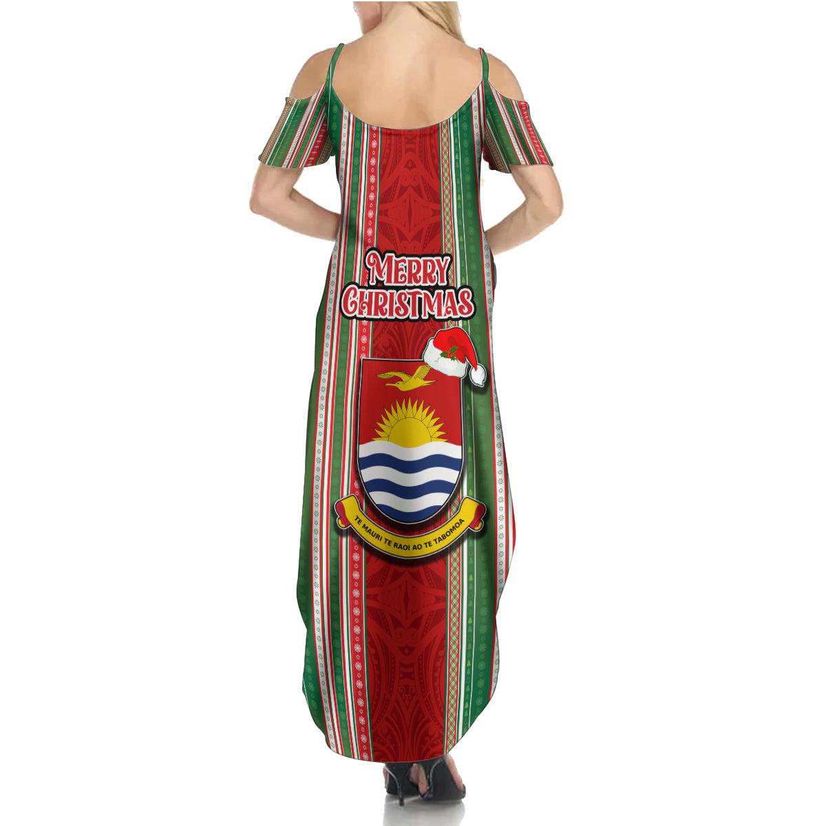 Kiribati Christmas Family Matching Summer Maxi Dress and Hawaiian Shirt Santa With Gift Bag Behind Ribbons Seamless Red Maori LT03 - Polynesian Pride