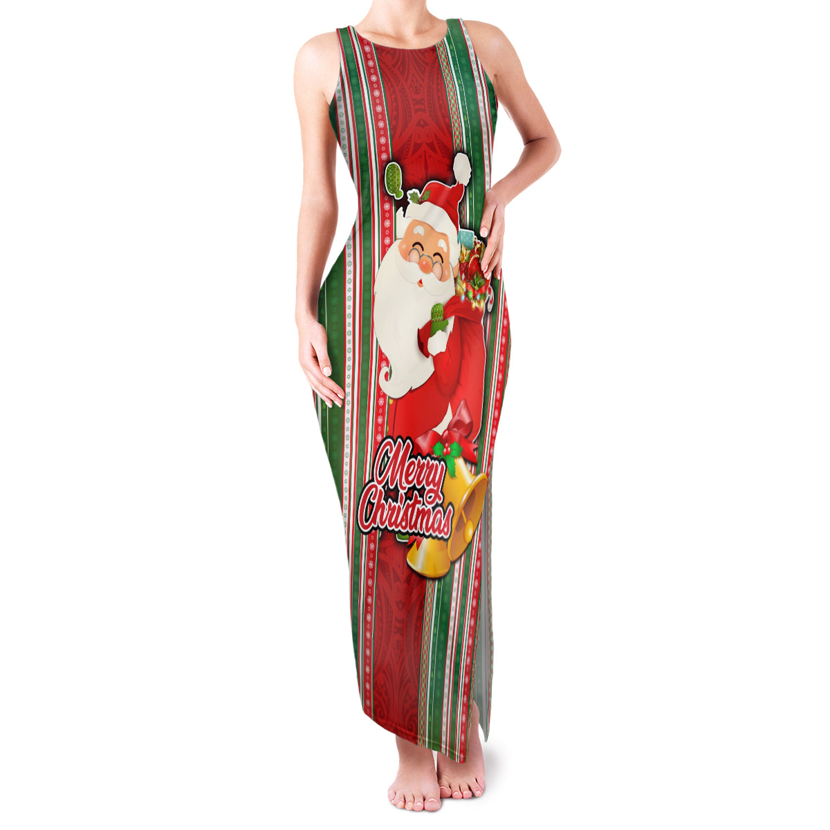 Kiribati Christmas Family Matching Tank Maxi Dress and Hawaiian Shirt Santa With Gift Bag Behind Ribbons Seamless Red Maori LT03 Mom's Dress Red - Polynesian Pride