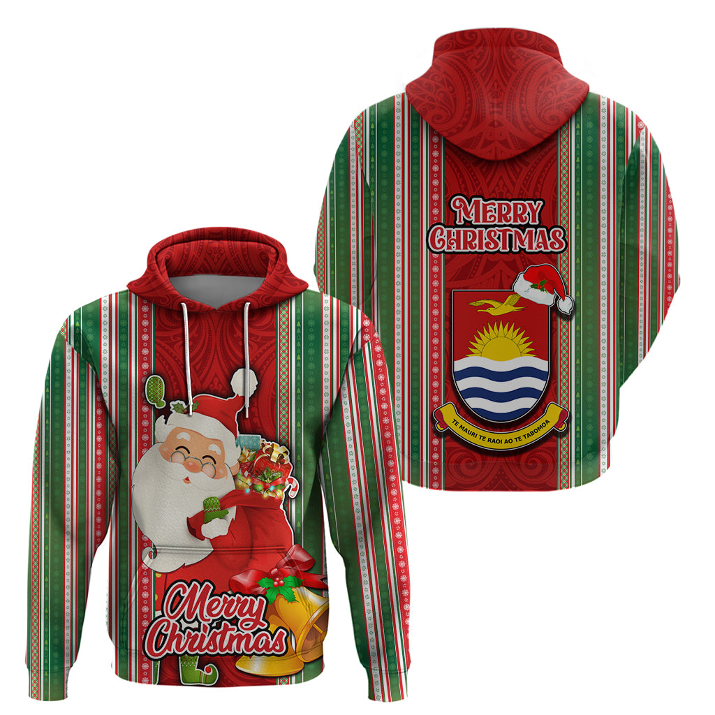 Kiribati Christmas Hoodie Santa With Gift Bag Behind Ribbons Seamless Red Maori LT03 - Polynesian Pride
