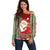 Kiribati Christmas Off Shoulder Sweater Santa With Gift Bag Behind Ribbons Seamless Red Maori LT03 Women Red - Polynesian Pride