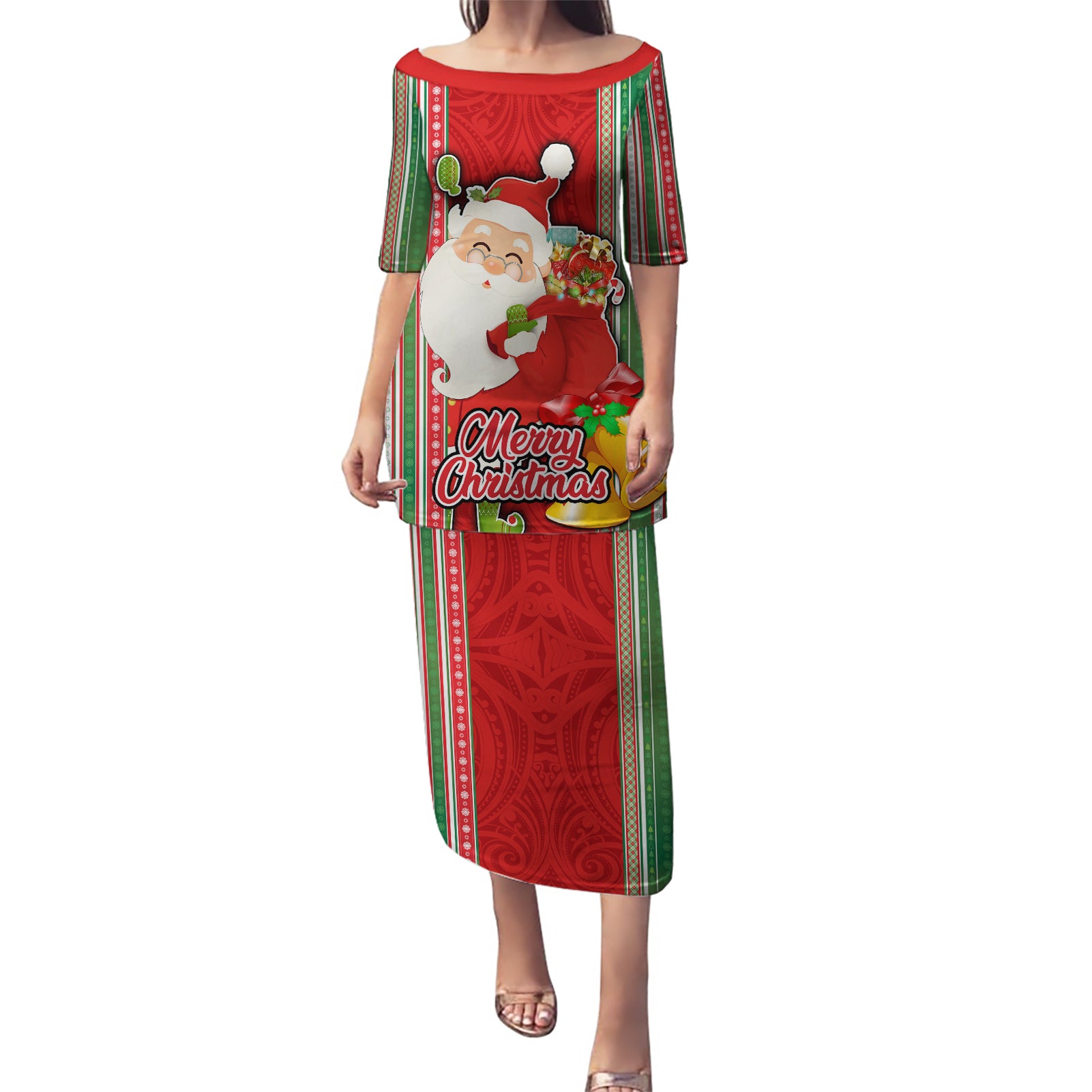 Kiribati Christmas Puletasi Santa With Gift Bag Behind Ribbons Seamless Red Maori LT03 Long Dress Red - Polynesian Pride