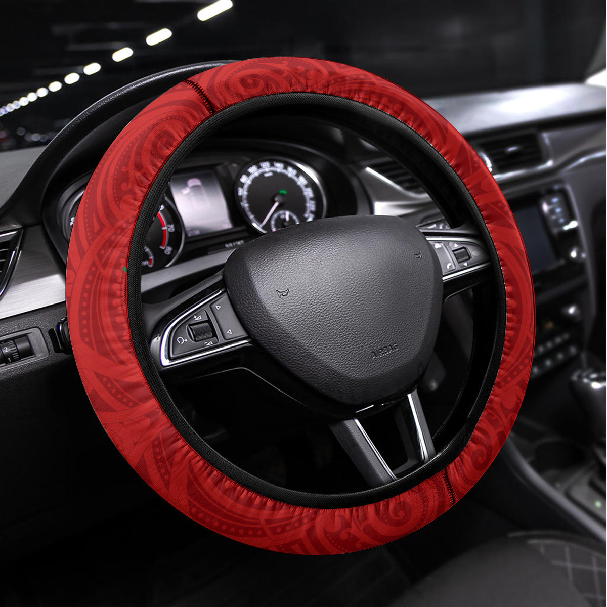 Kiribati Christmas Steering Wheel Cover Santa With Gift Bag Behind Ribbons Seamless Red Maori LT03 Universal Fit Red - Polynesian Pride