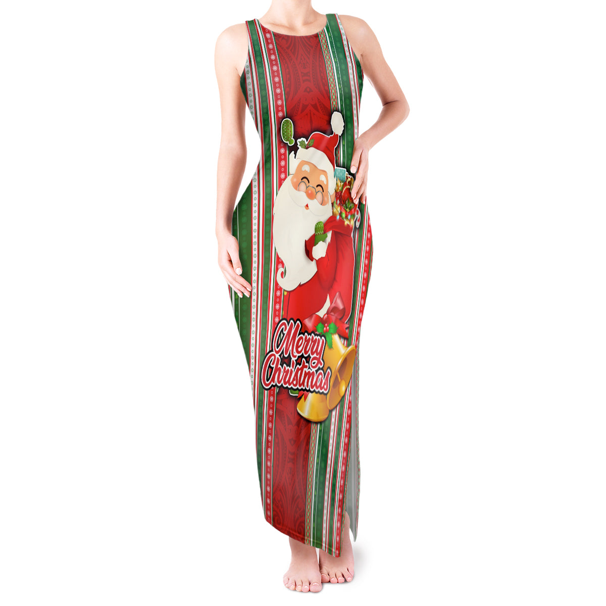 Kiribati Christmas Tank Maxi Dress Santa With Gift Bag Behind Ribbons Seamless Red Maori LT03 Women Red - Polynesian Pride