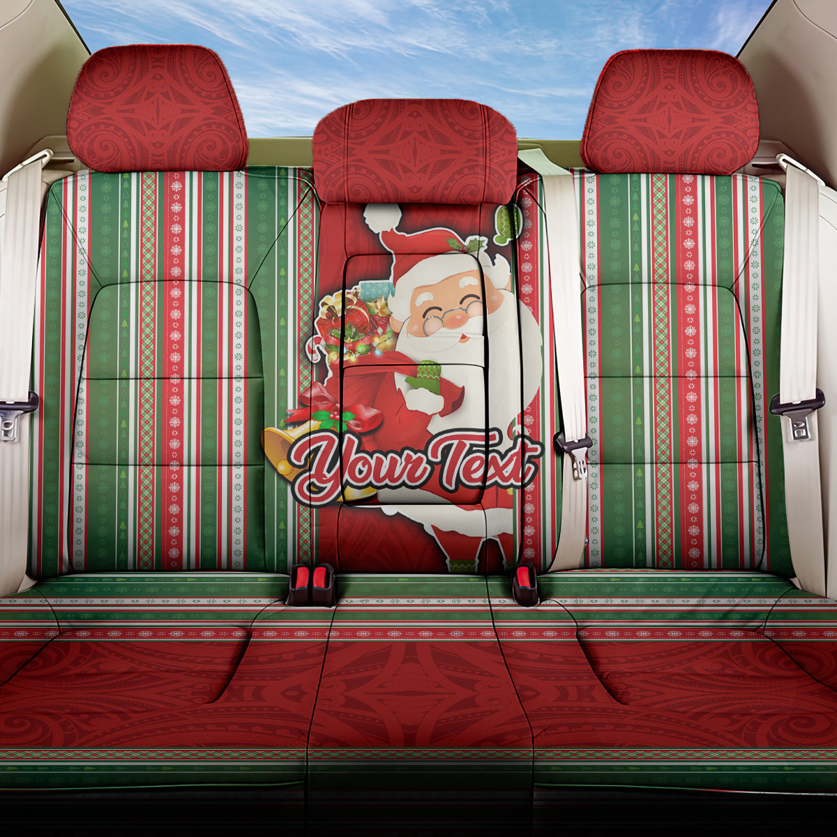 Custom Kiribati Christmas Back Car Seat Cover Santa With Gift Bag Behind Ribbons Seamless Red Maori