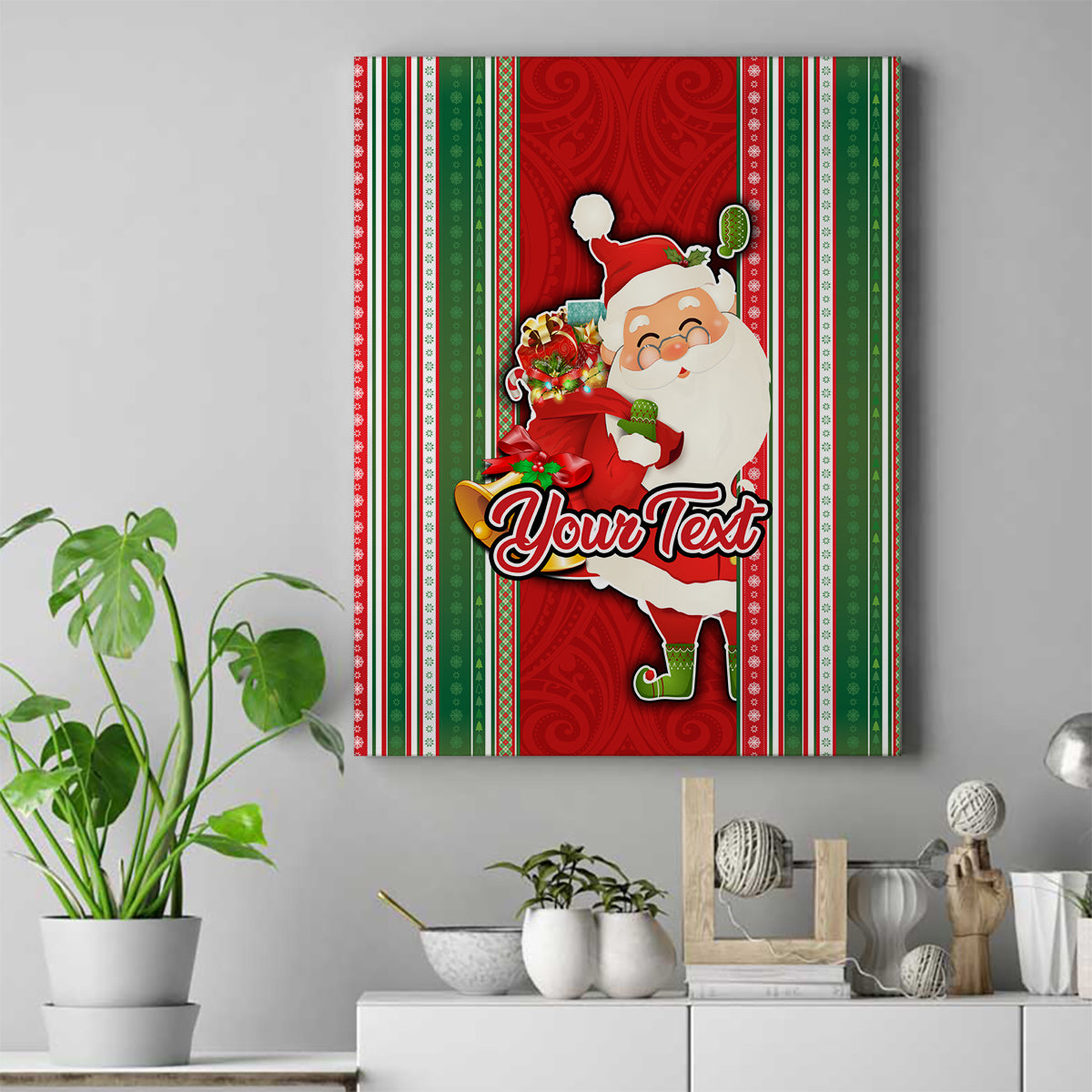 Custom Kiribati Christmas Canvas Wall Art Santa With Gift Bag Behind Ribbons Seamless Red Maori LT03 Red - Polynesian Pride