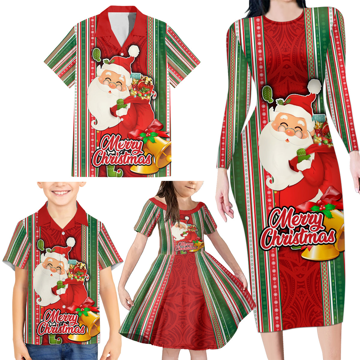 Custom Kiribati Christmas Family Matching Long Sleeve Bodycon Dress and Hawaiian Shirt Santa With Gift Bag Behind Ribbons Seamless Red Maori LT03 - Polynesian Pride