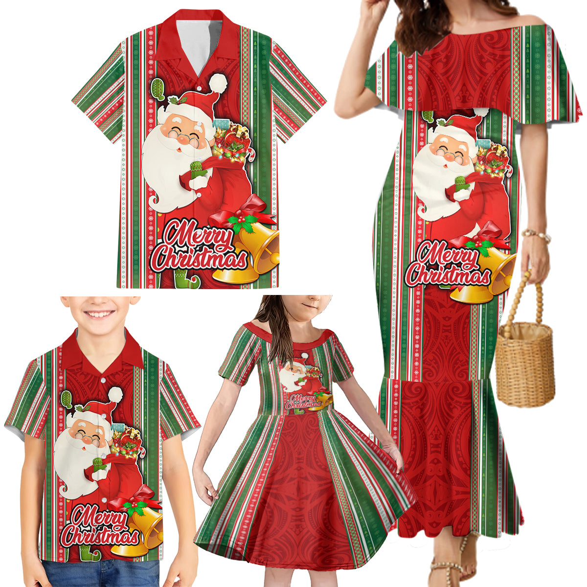 Custom Kiribati Christmas Family Matching Mermaid Dress and Hawaiian Shirt Santa With Gift Bag Behind Ribbons Seamless Red Maori LT03 - Polynesian Pride