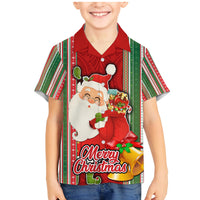 Custom Kiribati Christmas Family Matching Mermaid Dress and Hawaiian Shirt Santa With Gift Bag Behind Ribbons Seamless Red Maori LT03 Son's Shirt Red - Polynesian Pride