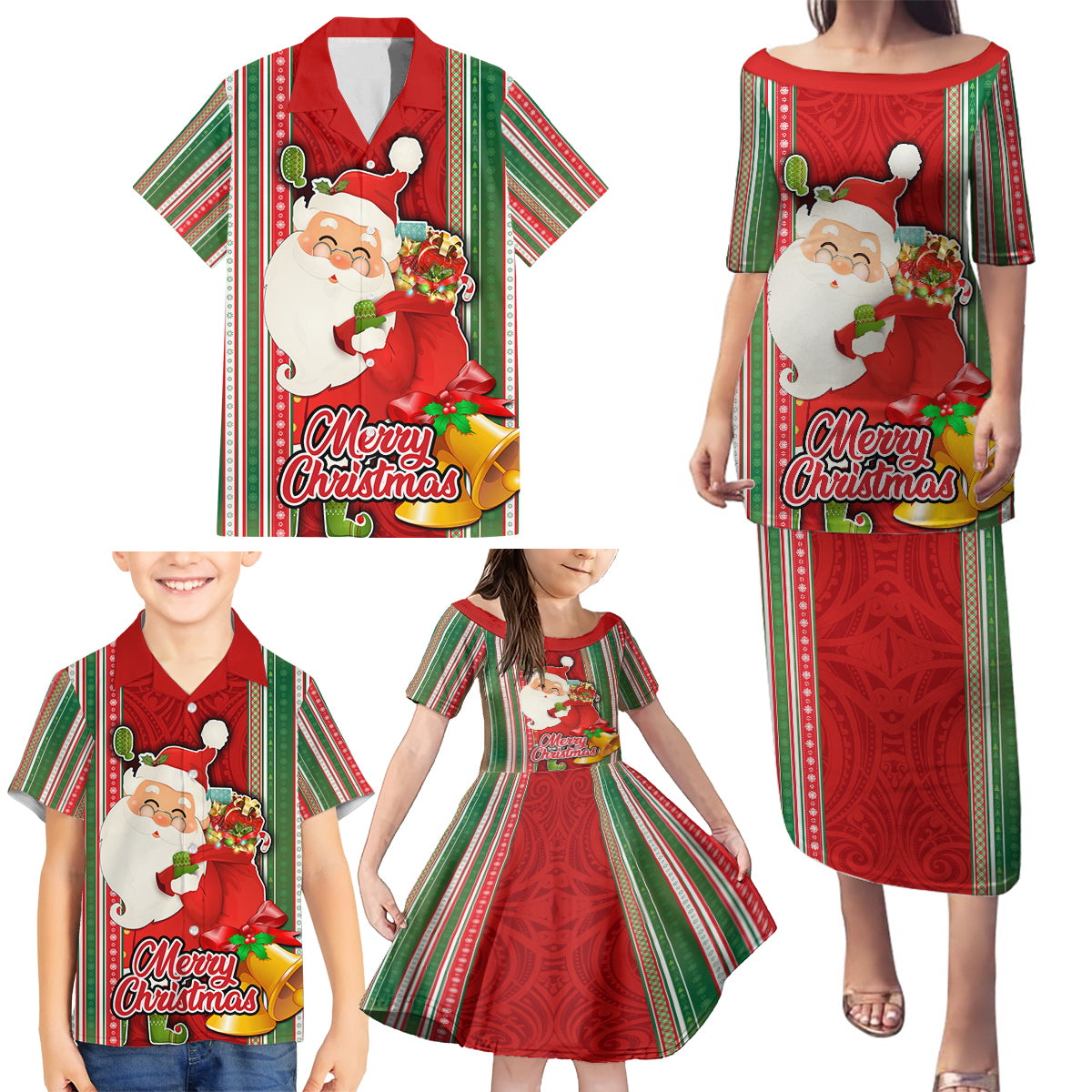 Custom Kiribati Christmas Family Matching Puletasi Dress and Hawaiian Shirt Santa With Gift Bag Behind Ribbons Seamless Red Maori LT03 - Polynesian Pride