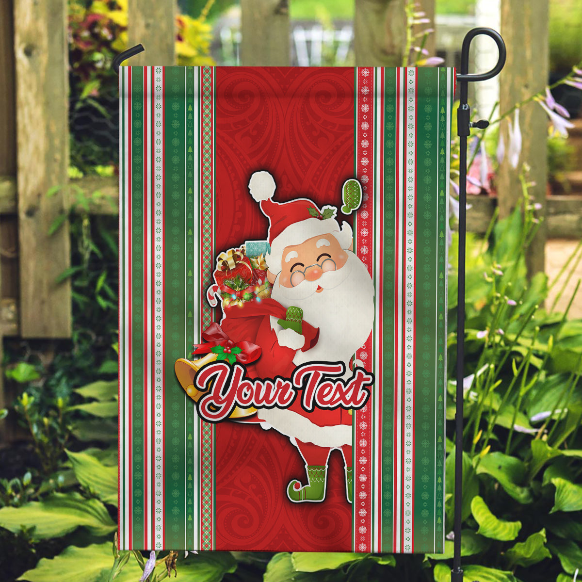 Custom Kiribati Christmas Garden Flag Santa With Gift Bag Behind Ribbons Seamless Red Maori LT03 Garden Flag Red - Polynesian Pride