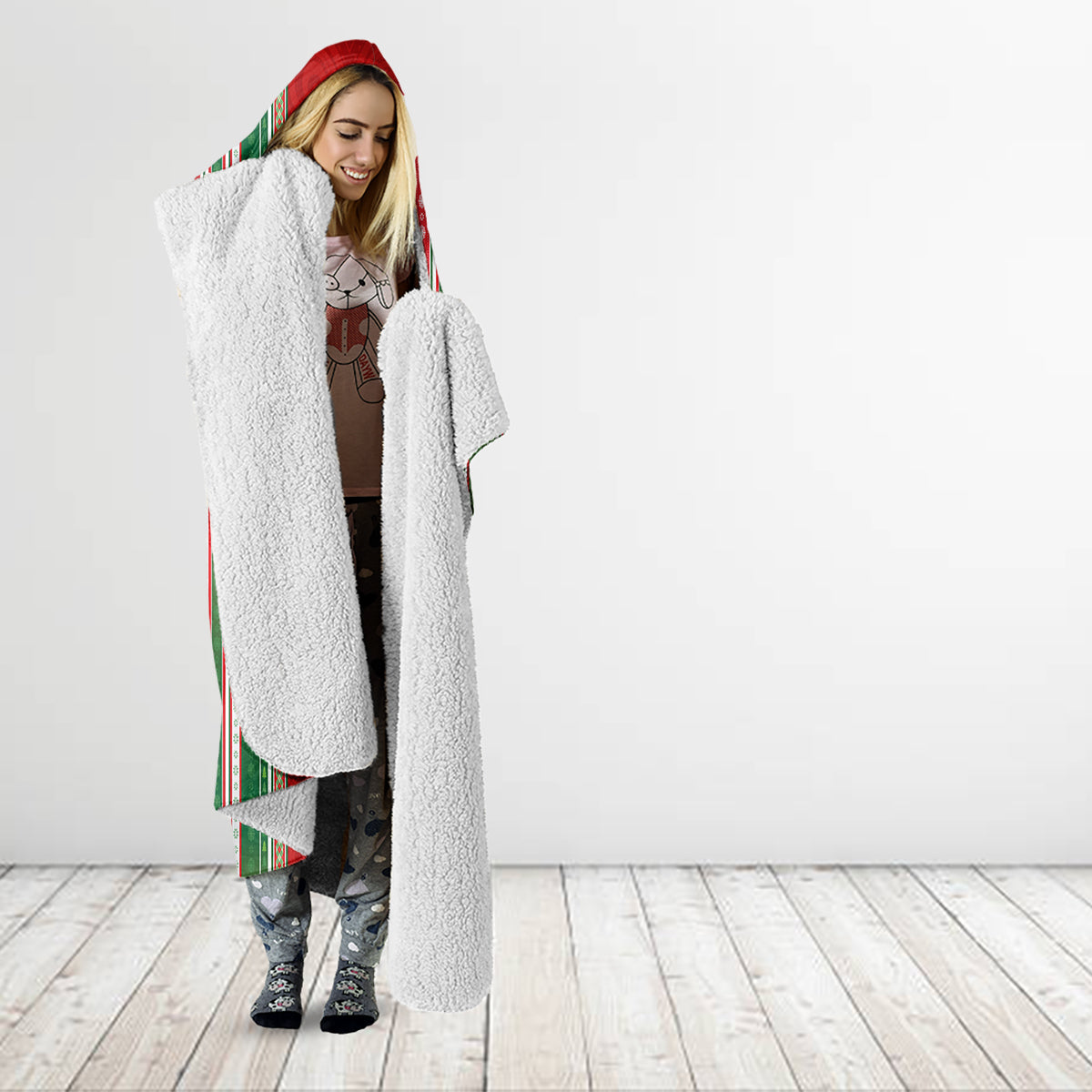 Custom Kiribati Christmas Hooded Blanket Santa With Gift Bag Behind Ribbons Seamless Red Maori LT03 - Polynesian Pride