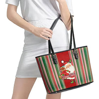 Custom Kiribati Christmas Leather Tote Bag Santa With Gift Bag Behind Ribbons Seamless Red Maori LT03 - Polynesian Pride