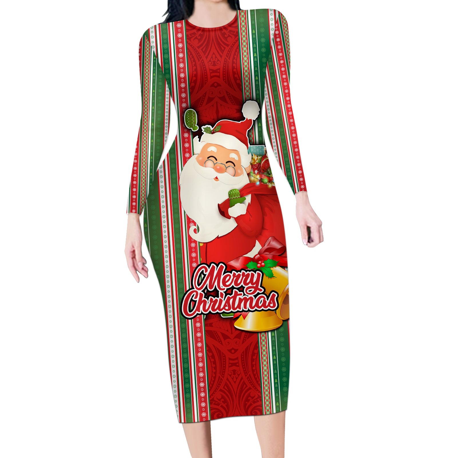 Custom Kiribati Christmas Long Sleeve Bodycon Dress Santa With Gift Bag Behind Ribbons Seamless Red Maori LT03 Long Dress Red - Polynesian Pride