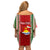 Custom Kiribati Christmas Off Shoulder Short Dress Santa With Gift Bag Behind Ribbons Seamless Red Maori LT03 - Polynesian Pride